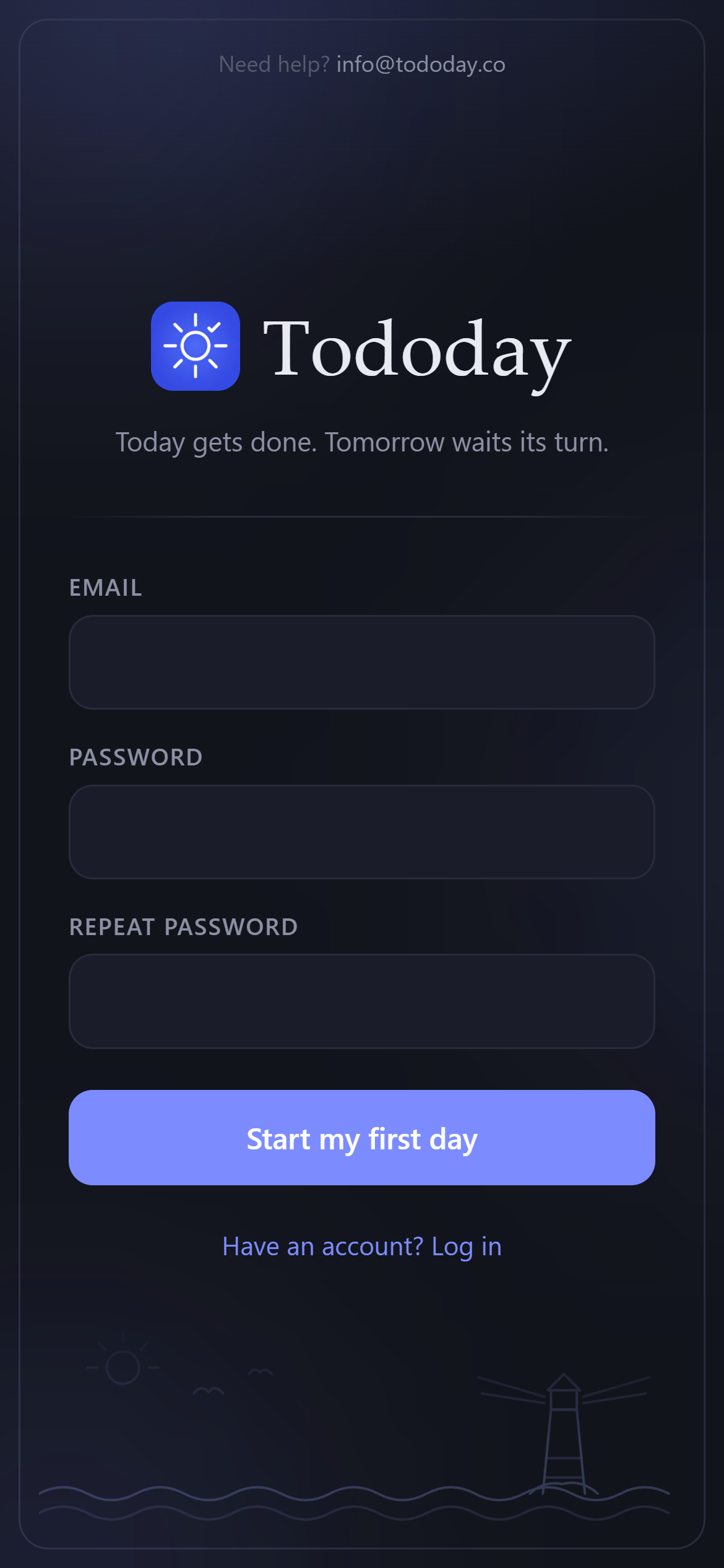 Tododay's welcome screen: create an account and start your first day