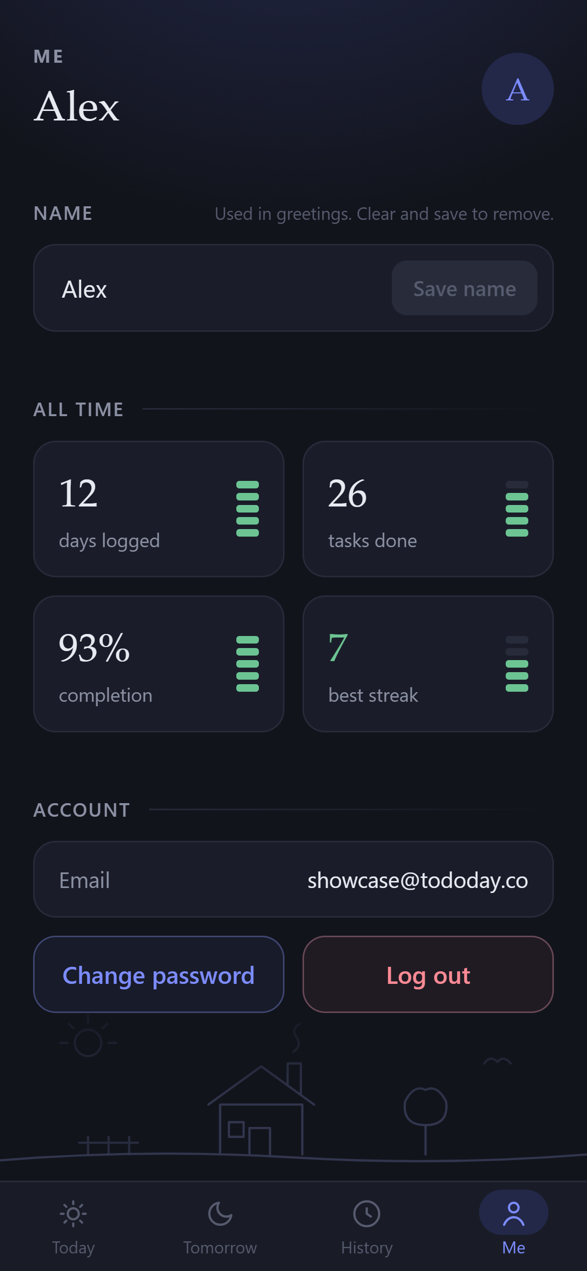 Me screen with all-time stats