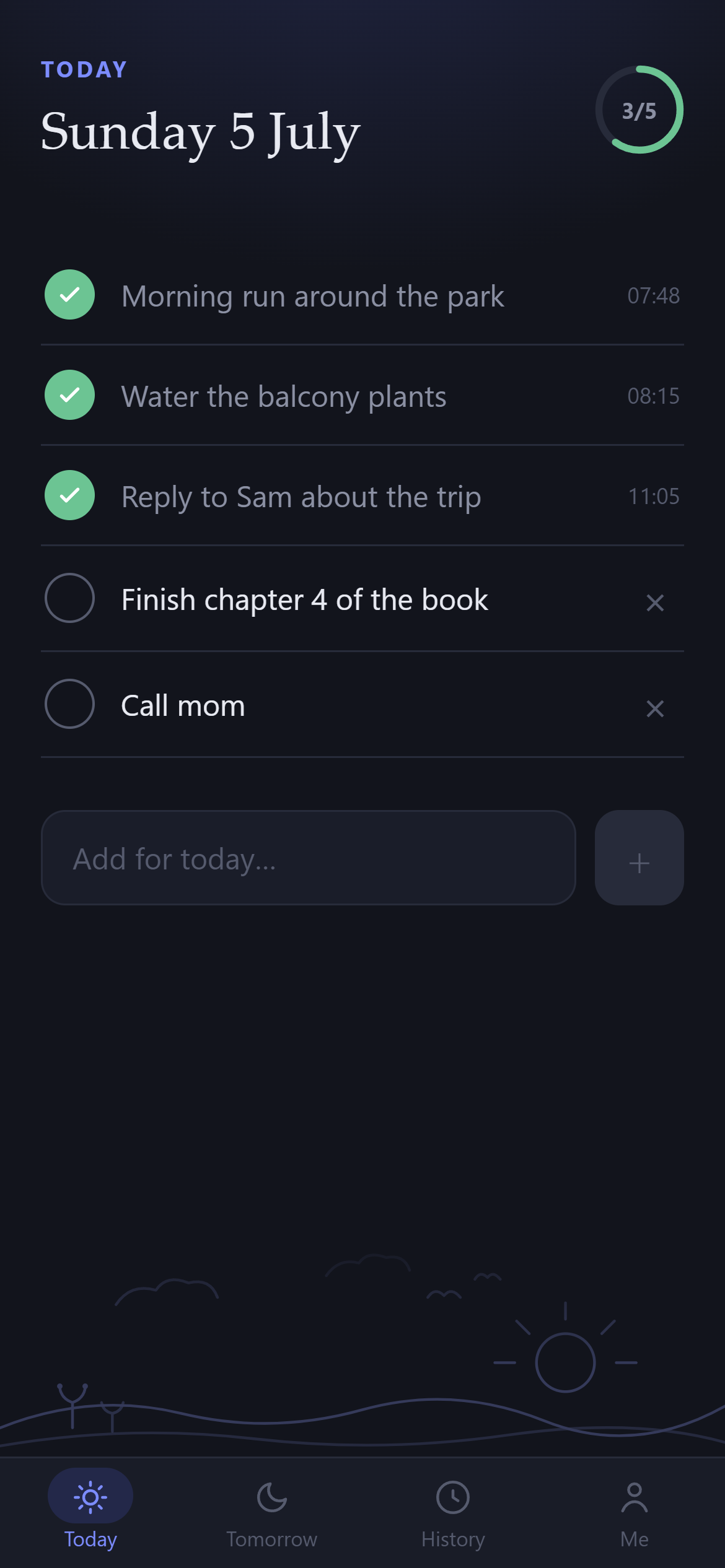 Today screen: three tasks done with their times, two still open, and a 3/5 progress ring