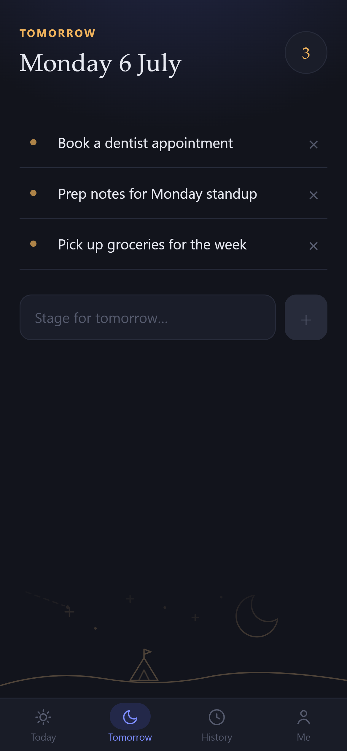 Tomorrow screen with staged tasks